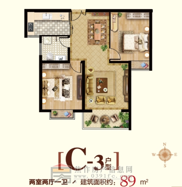 百大嘉苑Ⅱ期 兩室兩廳一衛(wèi) 約:89㎡