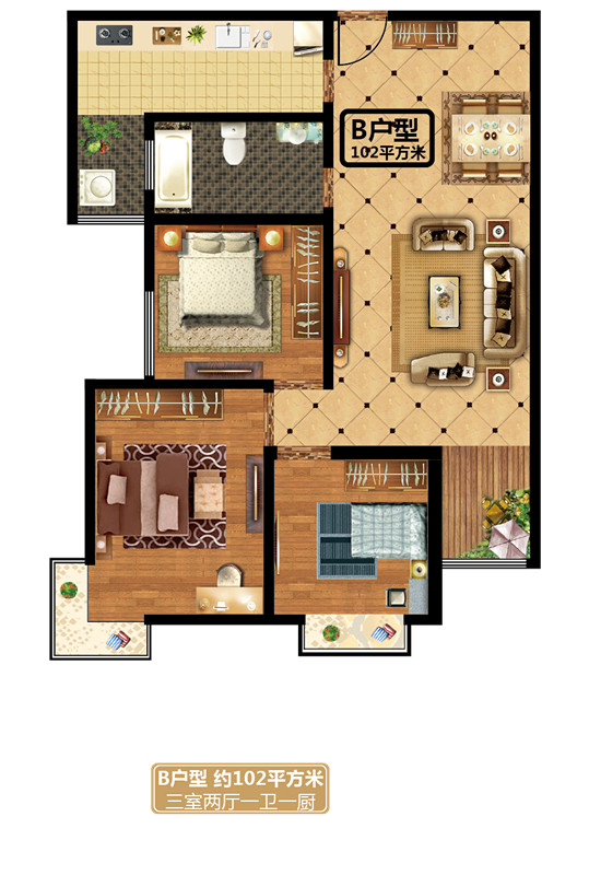 征云·悅景B戶(hù)型三室兩廳一衛(wèi)約102㎡