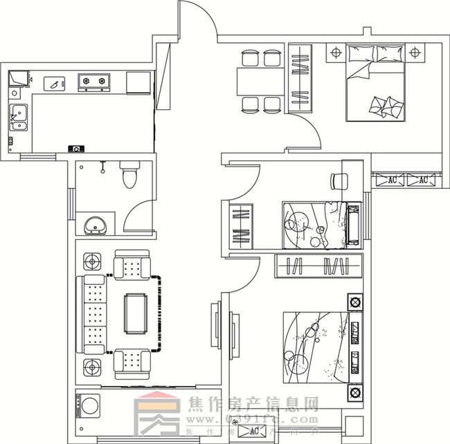 金德利公館7#2單元中戶三室兩廳一衛(wèi)109.53㎡
