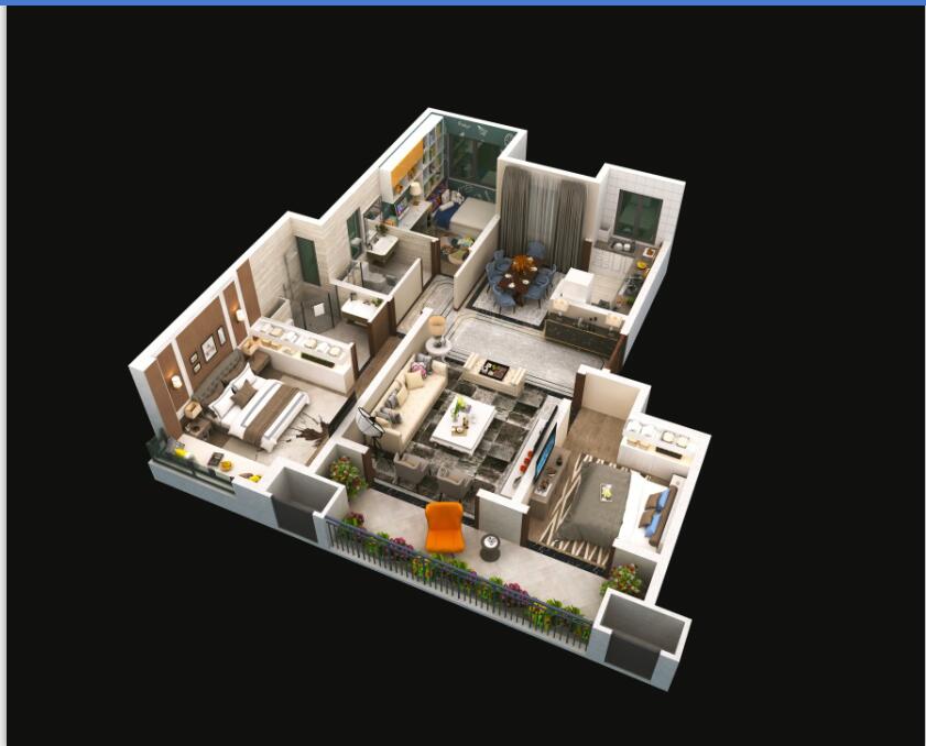 E戶型建面約124平方米，三室兩廳兩衛(wèi)