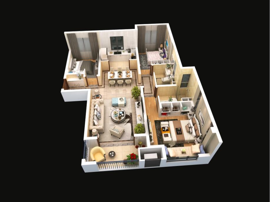 A戶型建面約117平方米，三室兩廳兩衛(wèi)