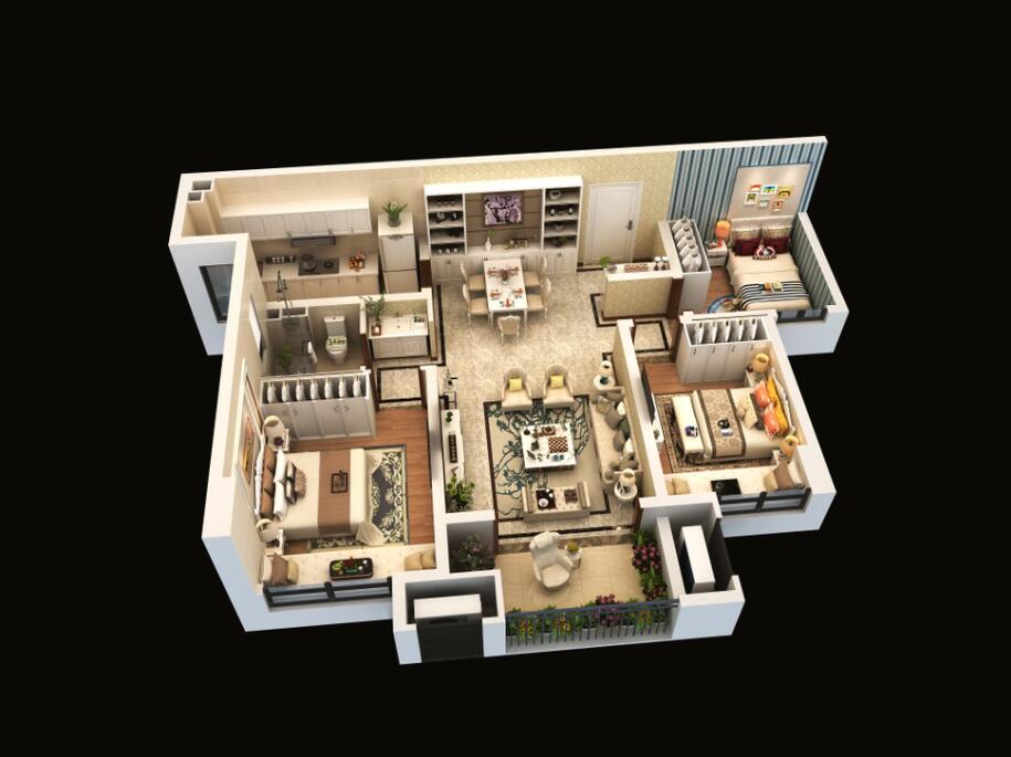 B戶型建面約96平方米，三室兩廳一衛(wèi)